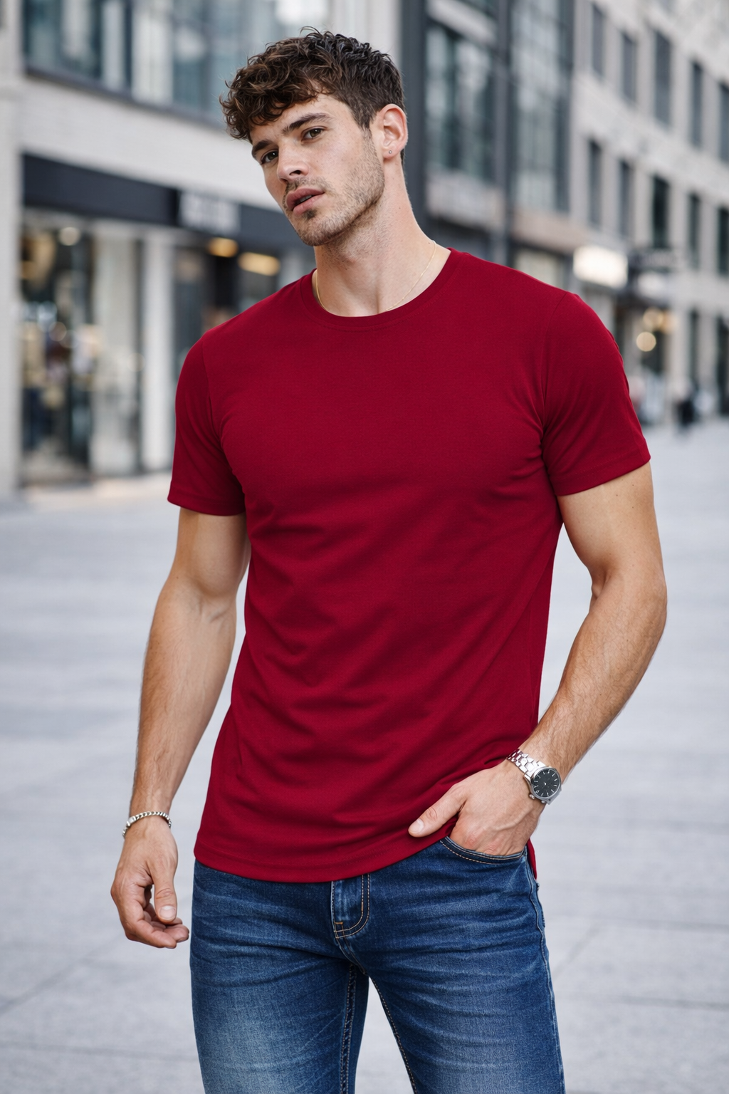 T-shirt col rond bordeaux coton homme