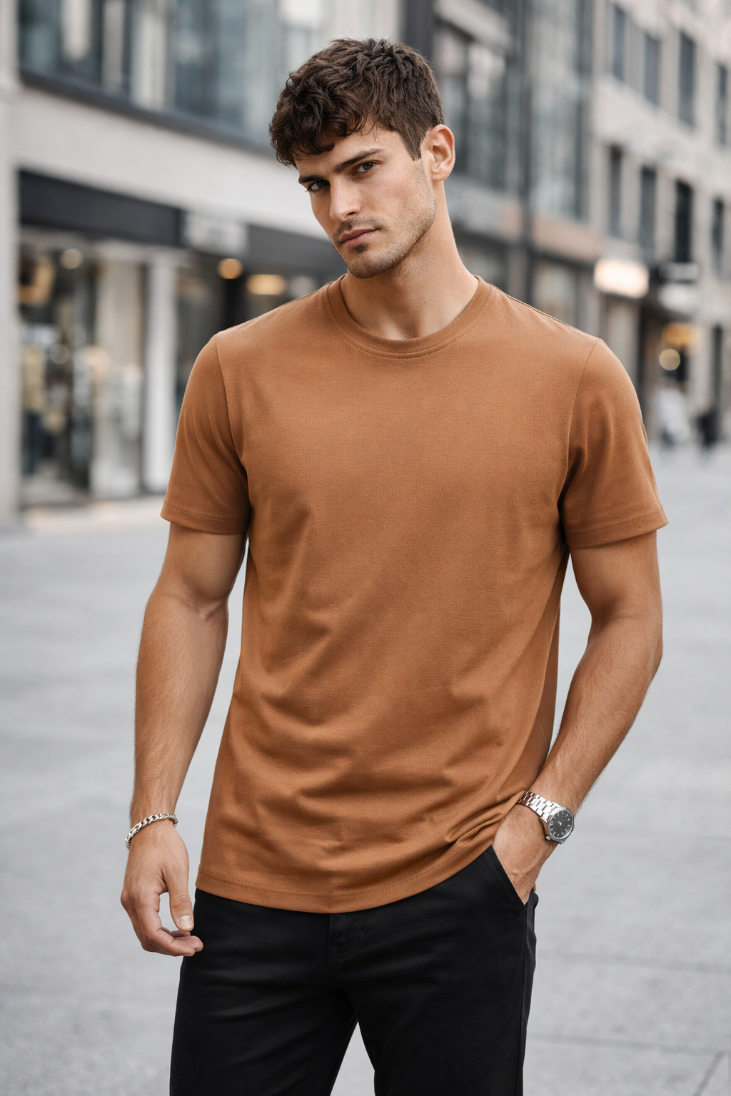 T-shirt col rond Camel coton homme