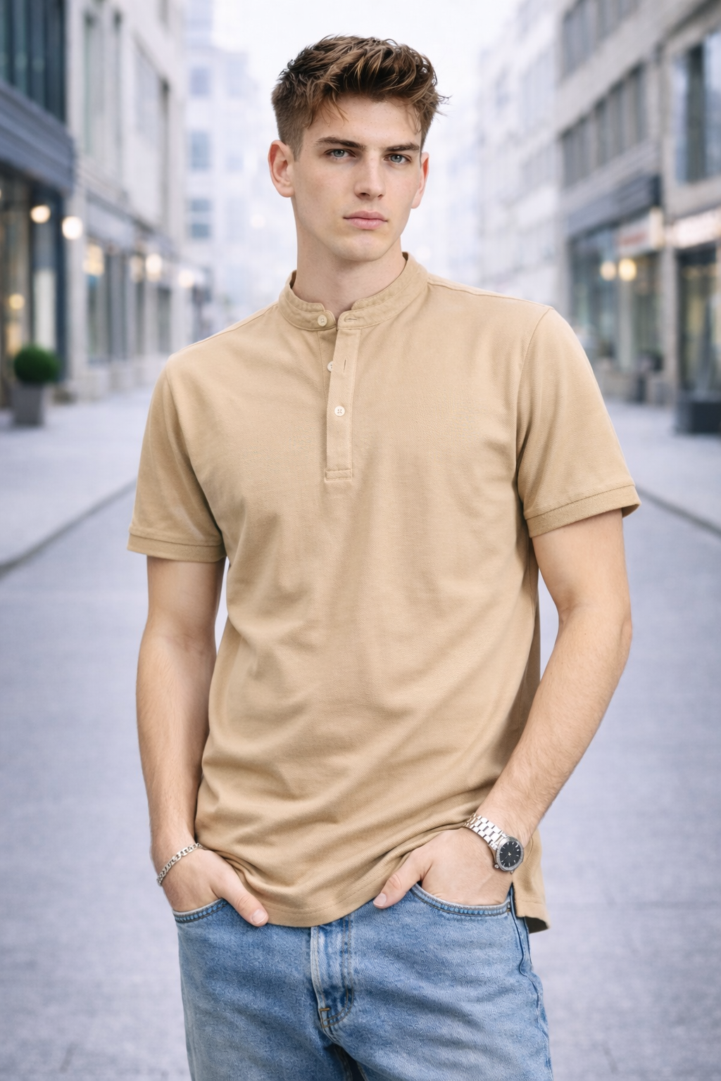 Polo homme col mao beige