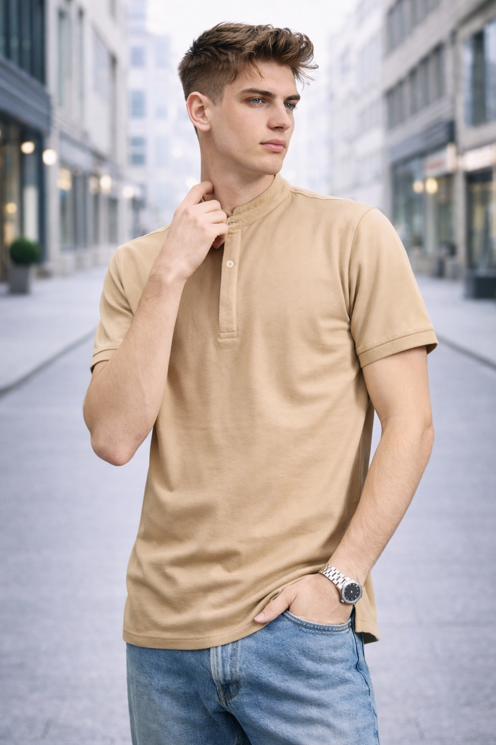 Polo homme col mao beige