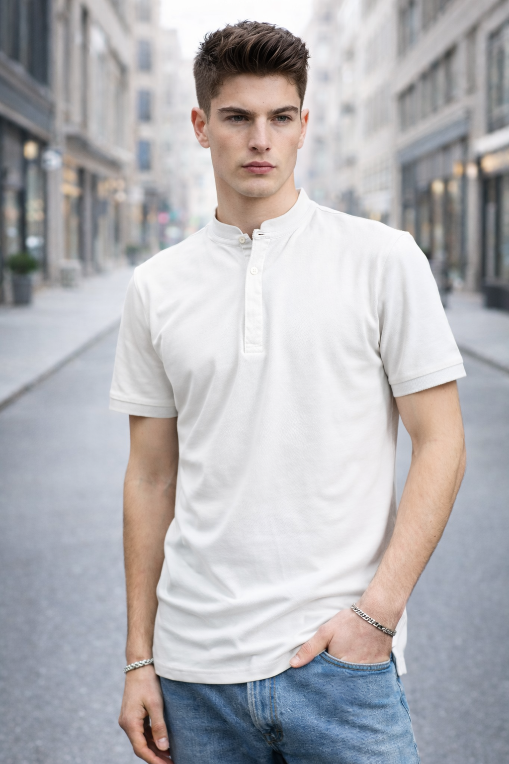 Polo homme col mao Blanc