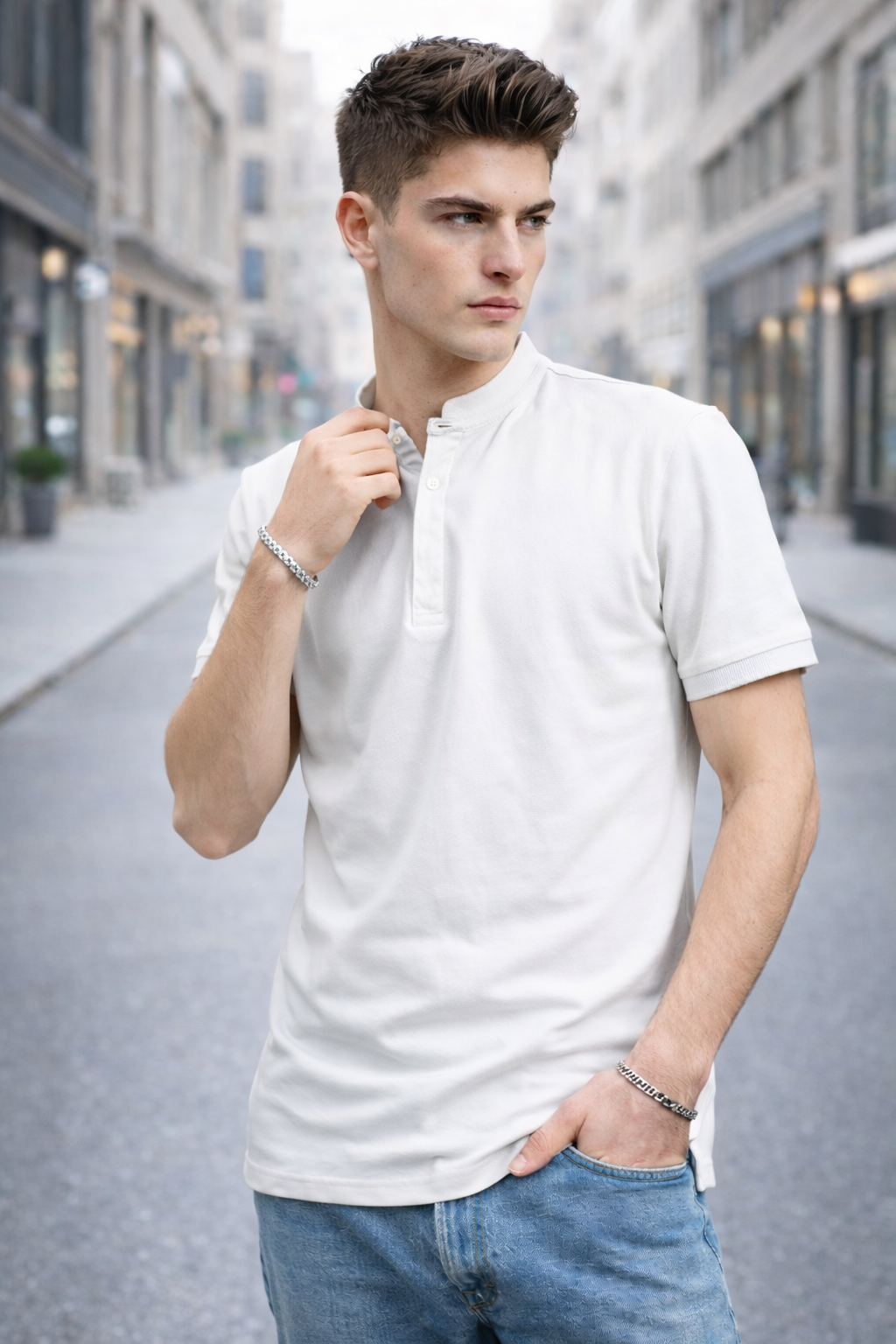 Polo homme col mao Blanc