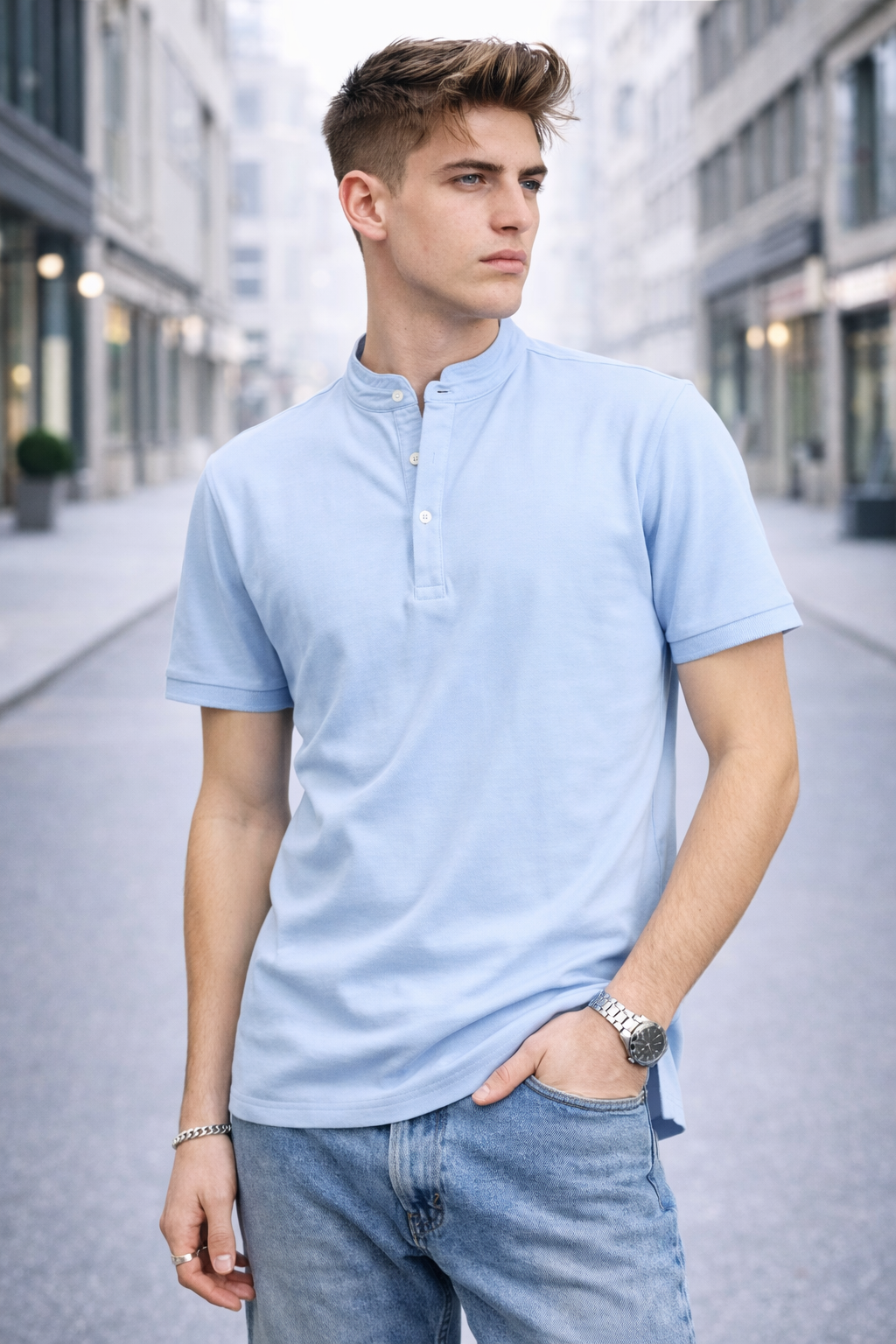 Polo homme col mao bleu clair