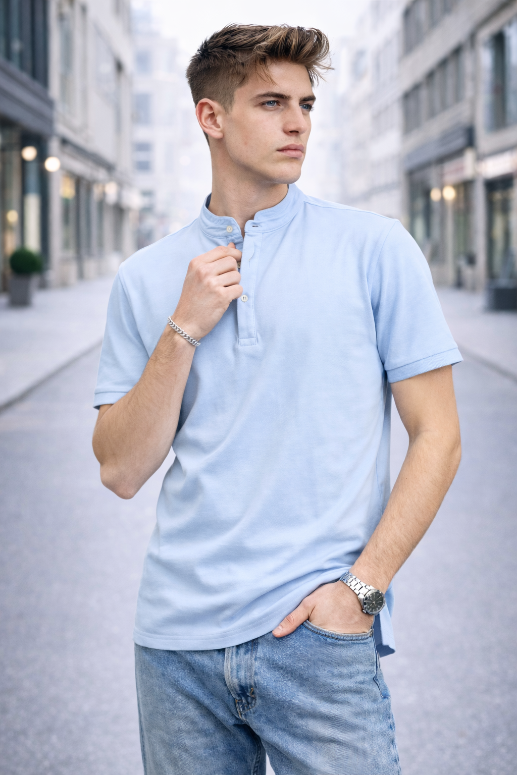 Polo homme col mao bleu clair