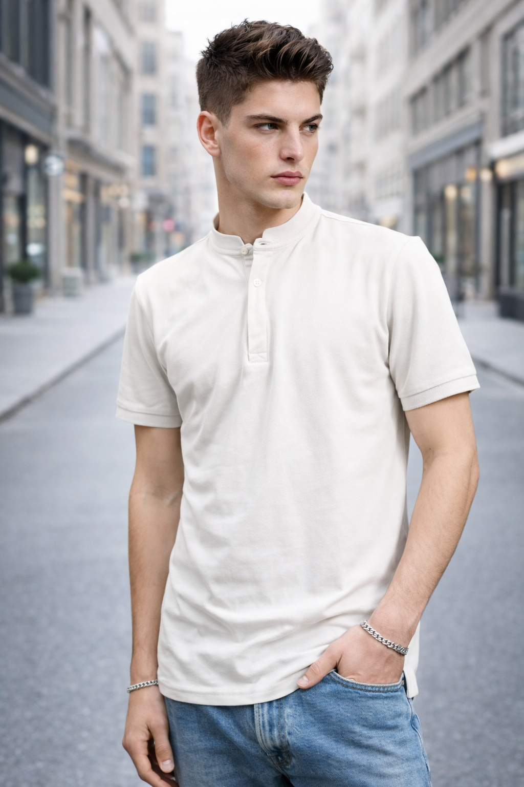 Polo homme col mao Crème