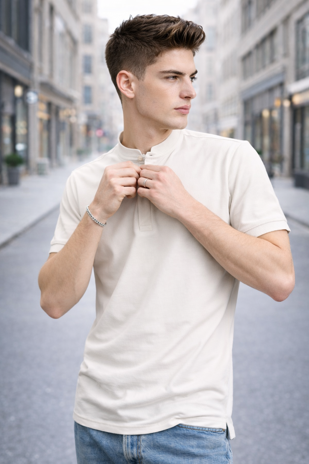 Polo homme col mao Crème