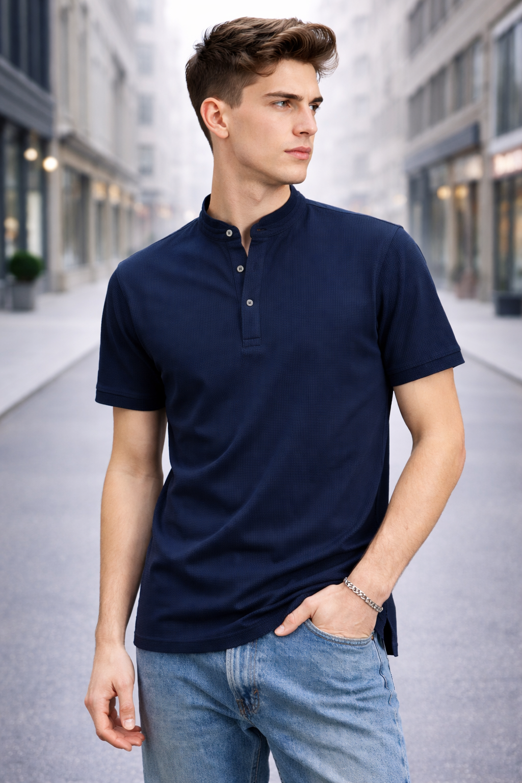 Polo homme col mao marine