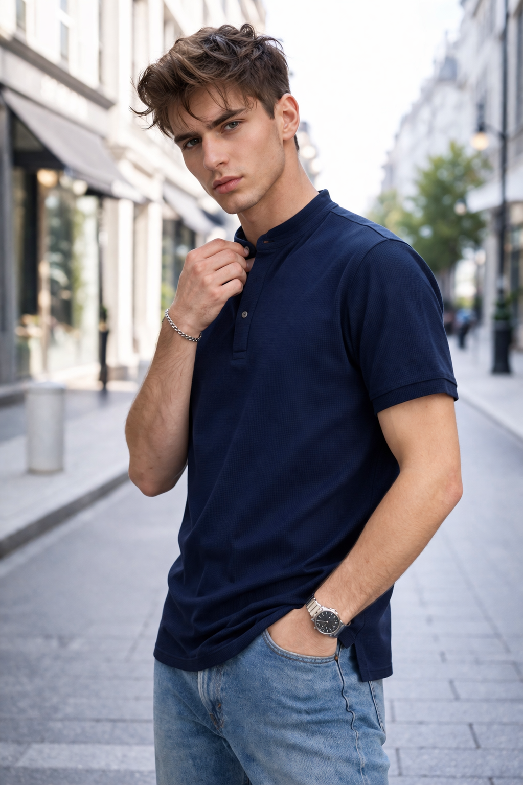 Polo homme col mao marine