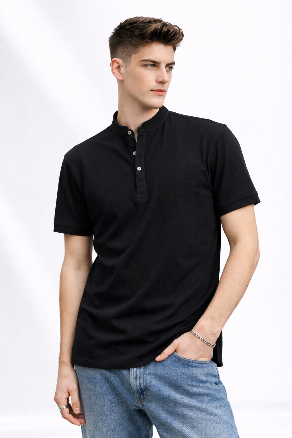 Polo homme col mao noir