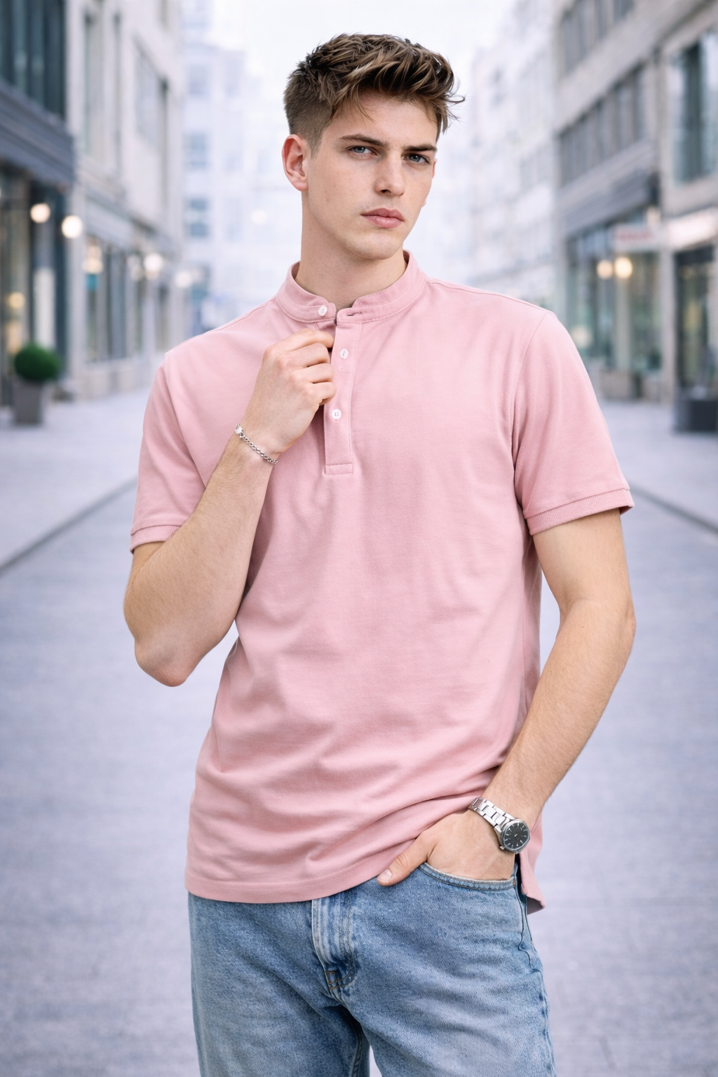 Polo homme col mao rose