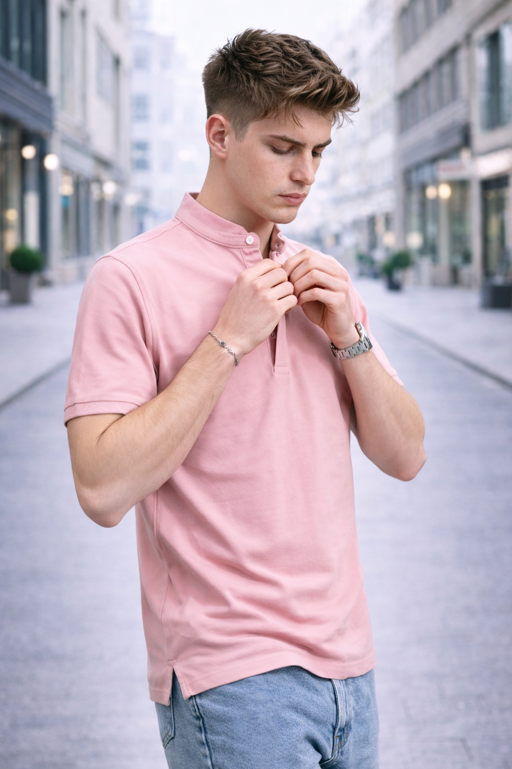 Polo homme col mao rose
