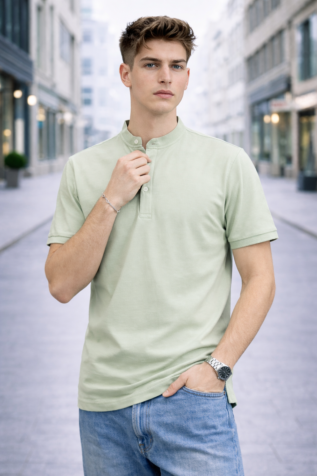Polo homme col mao vert clair