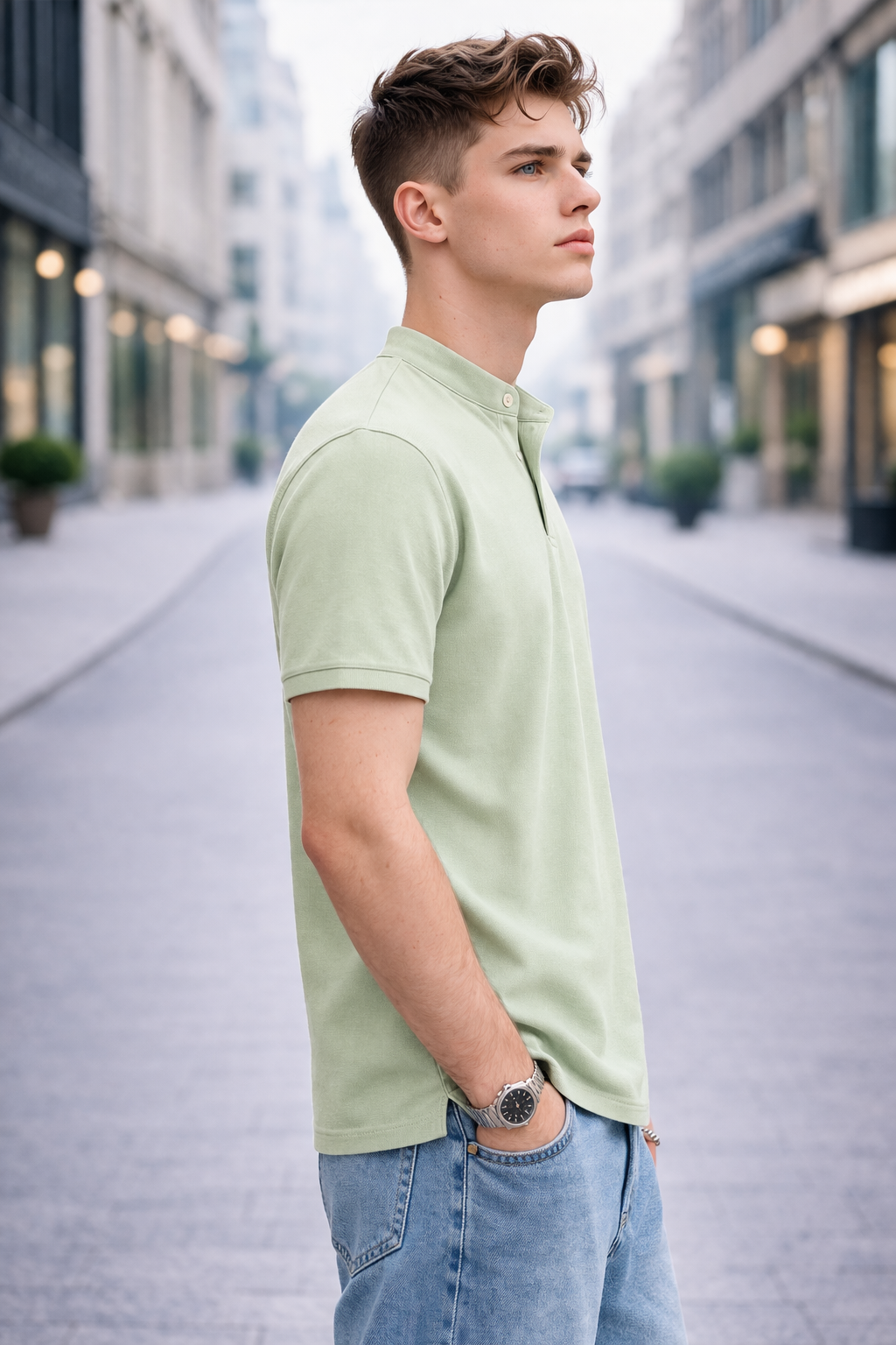 Polo homme col mao vert clair