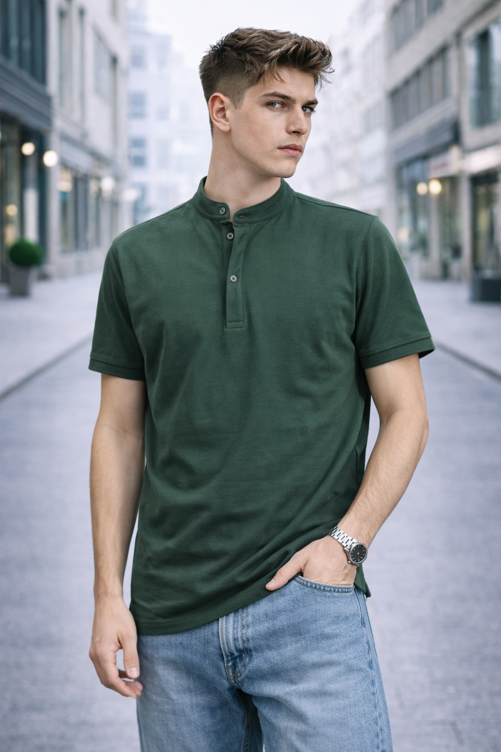 Polo homme col mao vert foncé