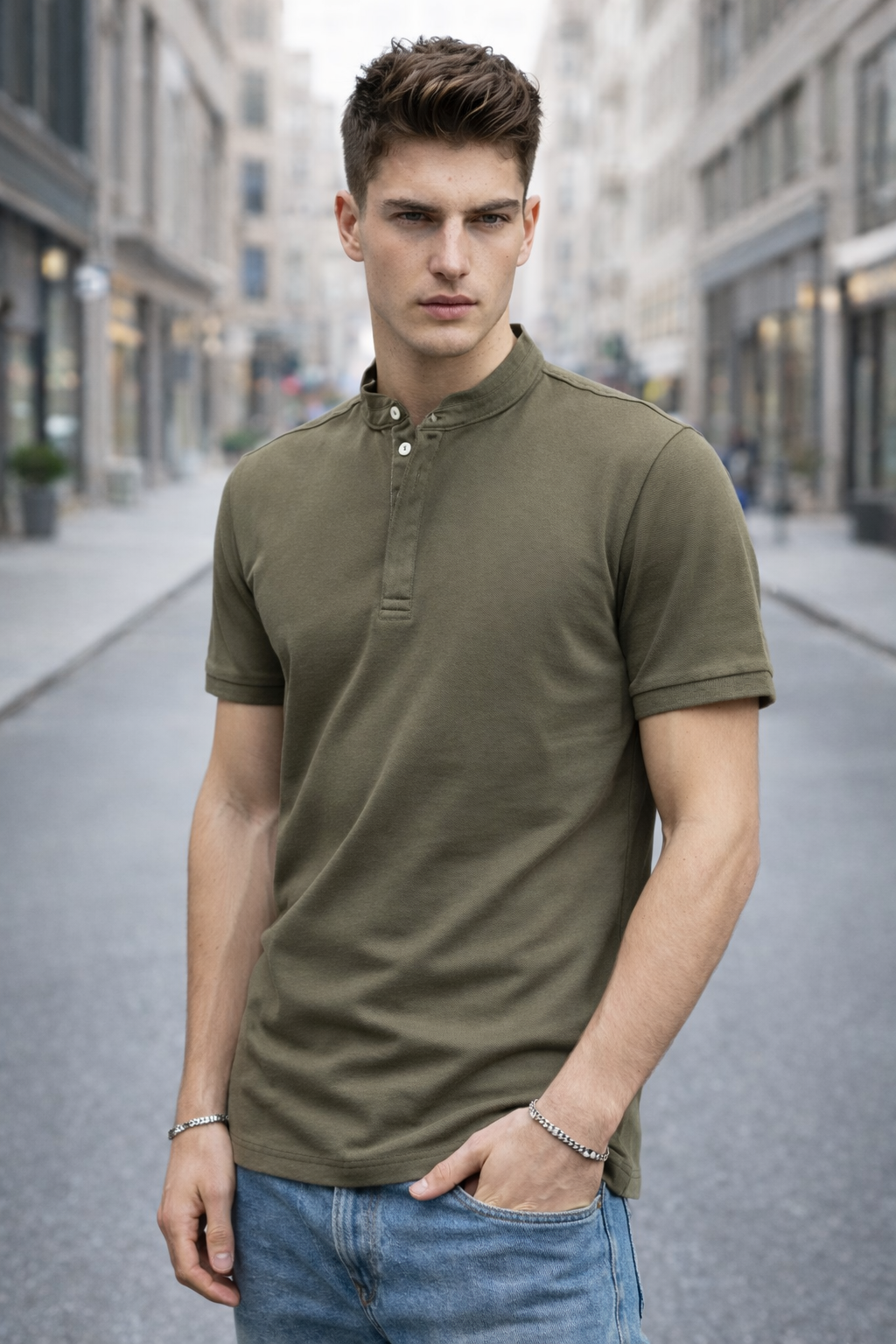 Polo homme col mao vert militaire