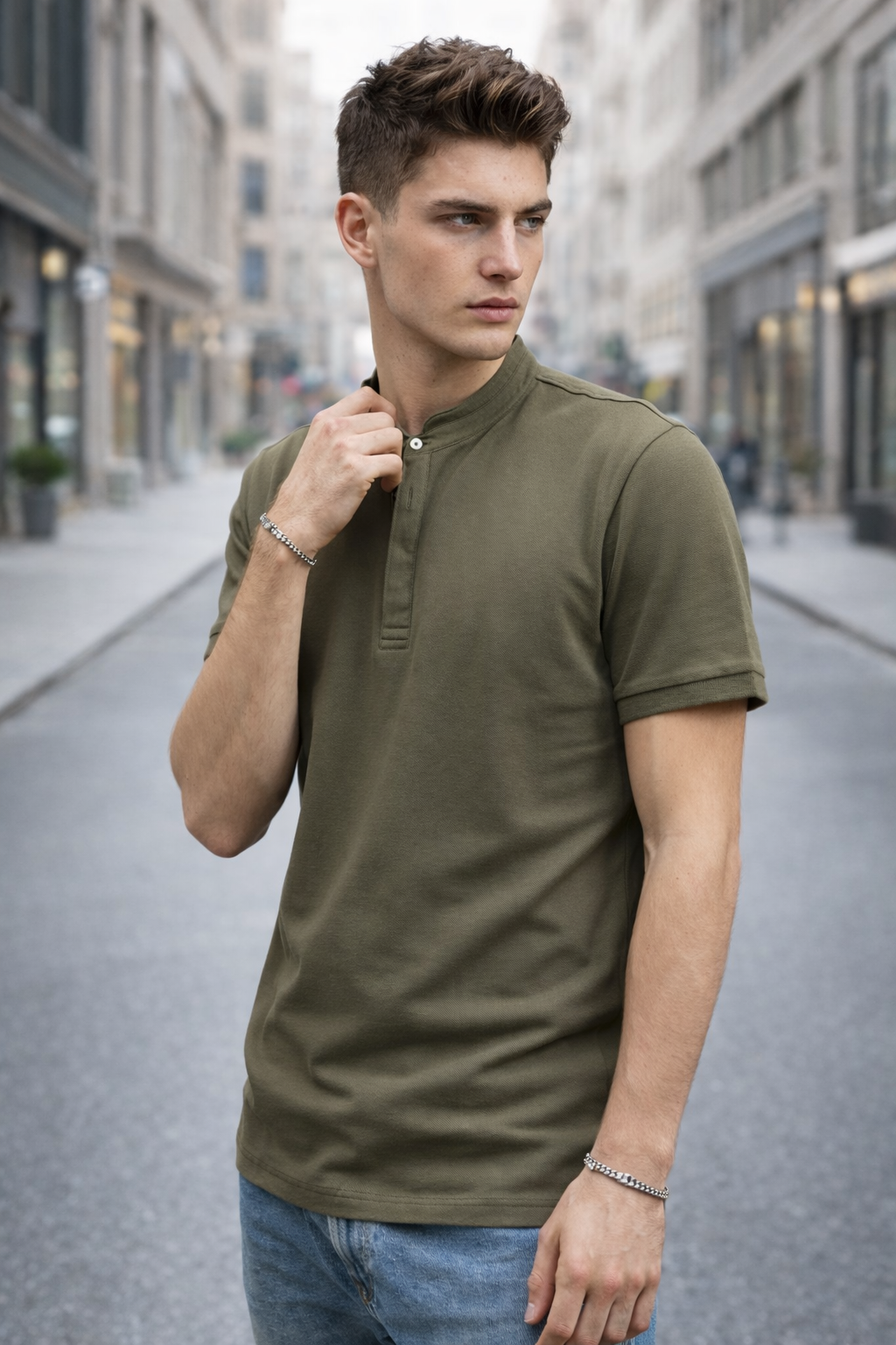 Polo homme col mao vert militaire