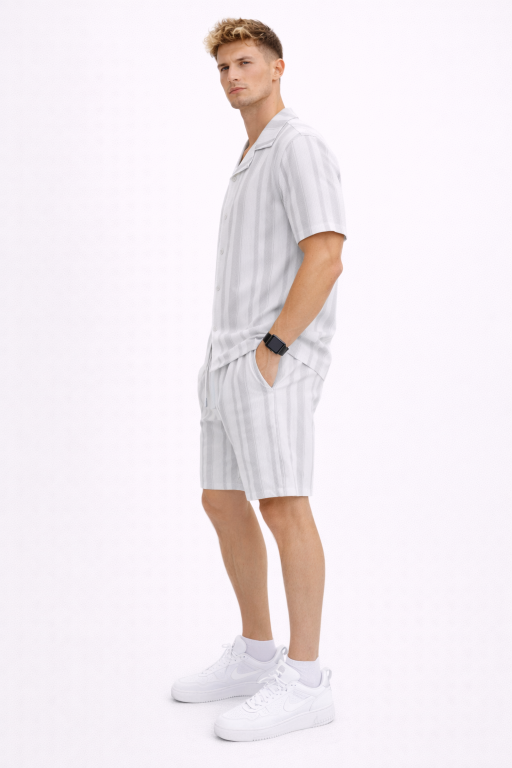 Ensemble Homme Rayé Gris Été Chemise manche courte et Short Beige