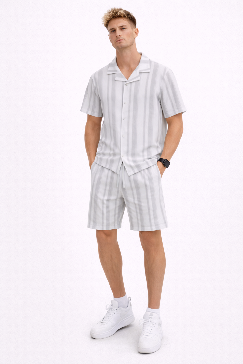 Ensemble Homme Rayé Gris Été Chemise manche courte et Short Beige