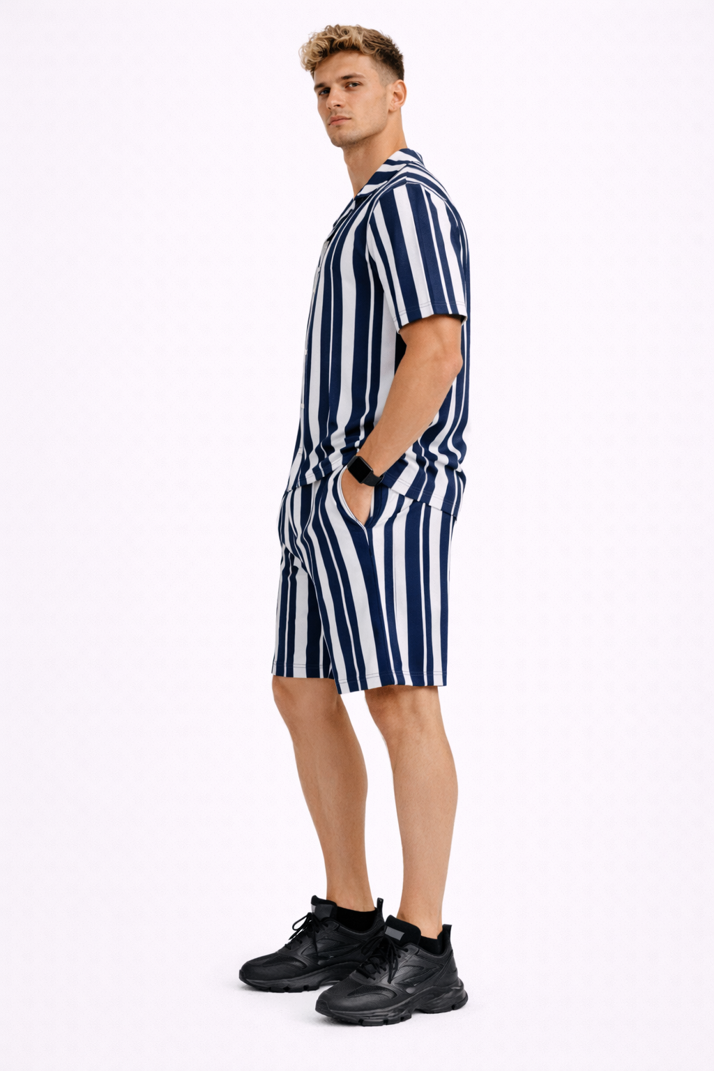 Ensemble Homme Rayé Gris Été Chemise manche courte et Short Marine