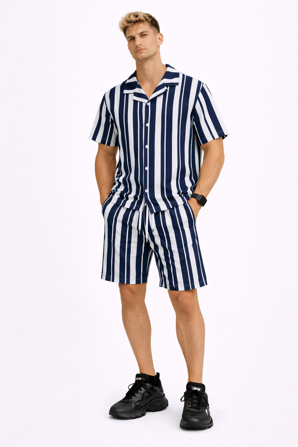 Ensemble Homme Rayé Gris Été Chemise manche courte et Short Marine
