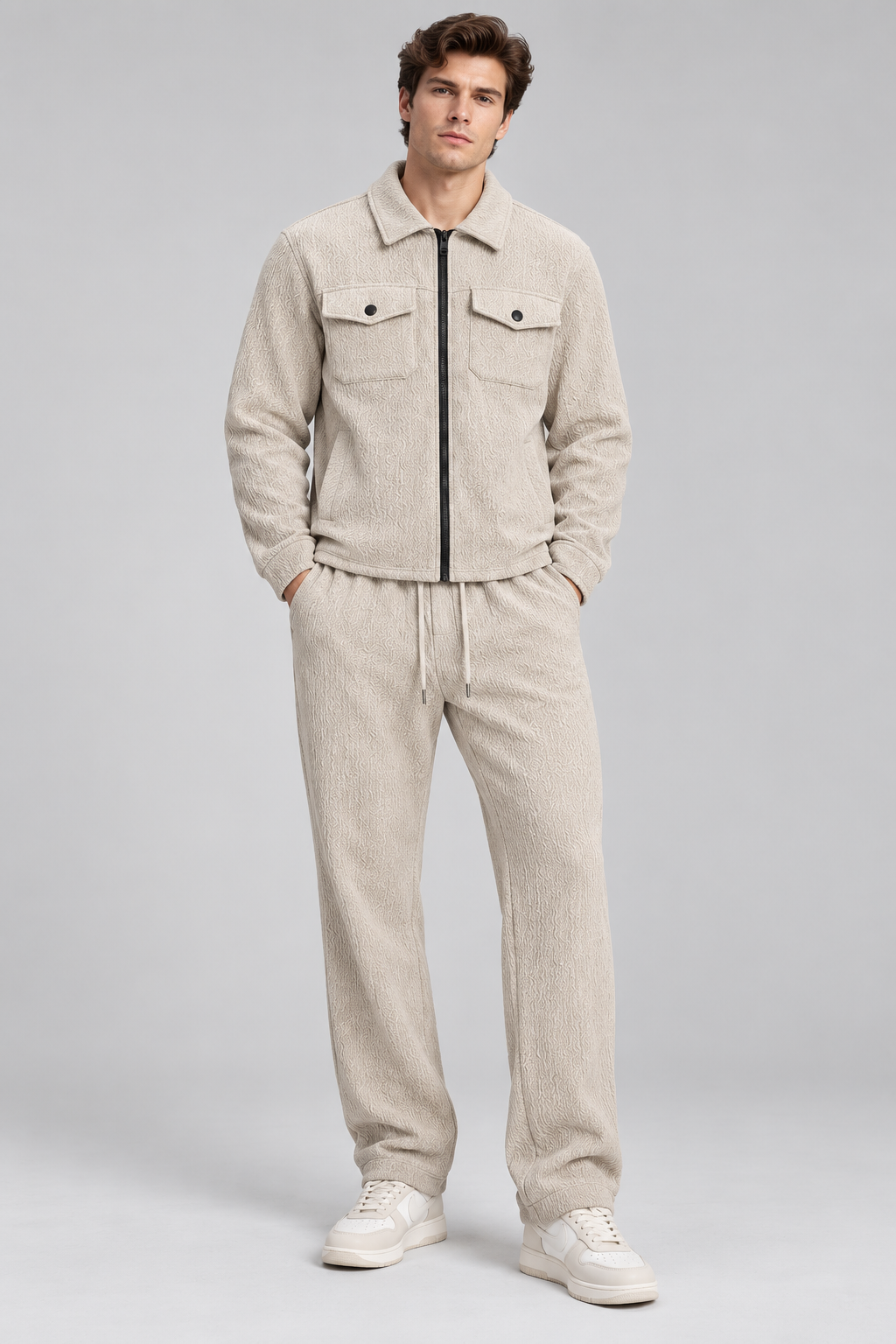 Ensemble homme beige texturé veste zippée et pantalon