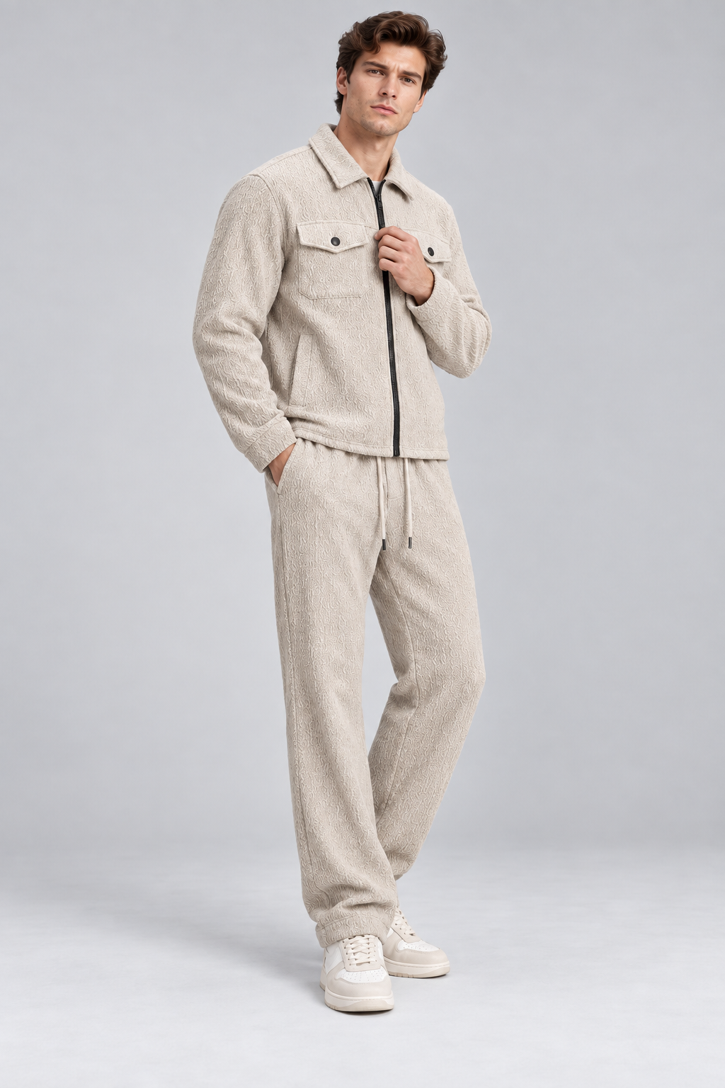 Ensemble homme beige texturé veste zippée et pantalon