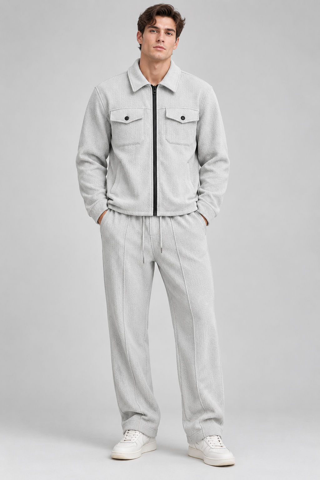 Ensemble homme gris texturé veste zippée et pantalon