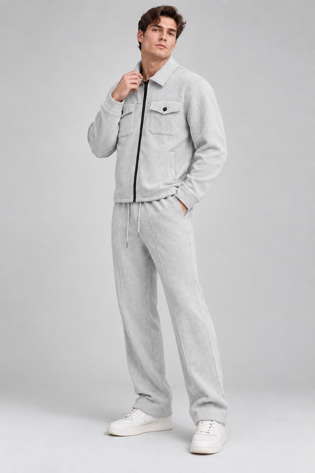 Ensemble homme gris texturé veste zippée et pantalon