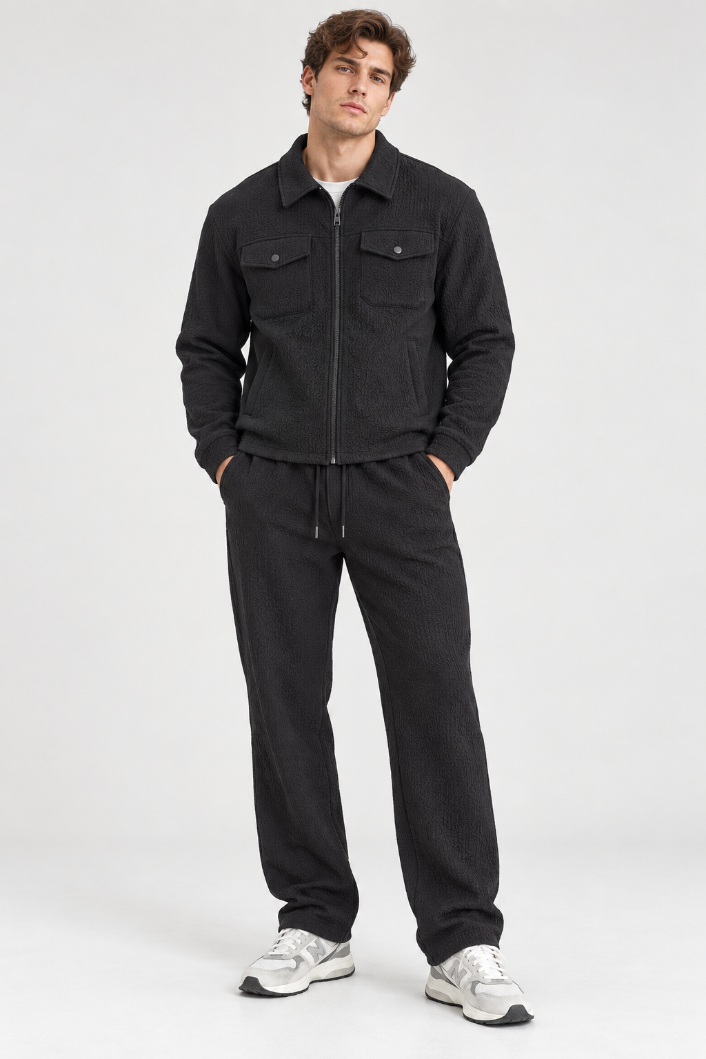 Ensemble homme noir texturé veste zippée et pantalon