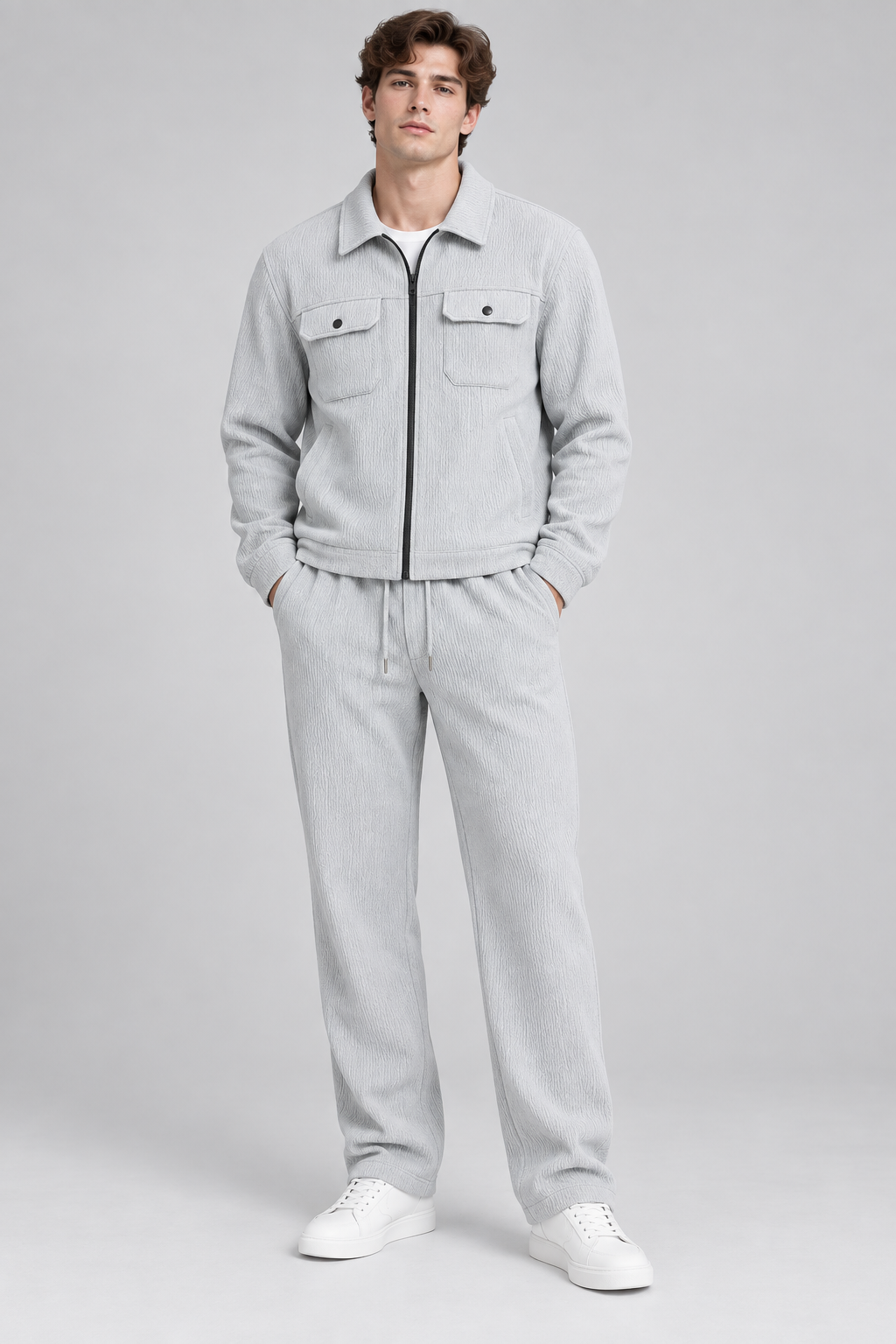 Ensemble homme gris texturé veste zippée et pantalon