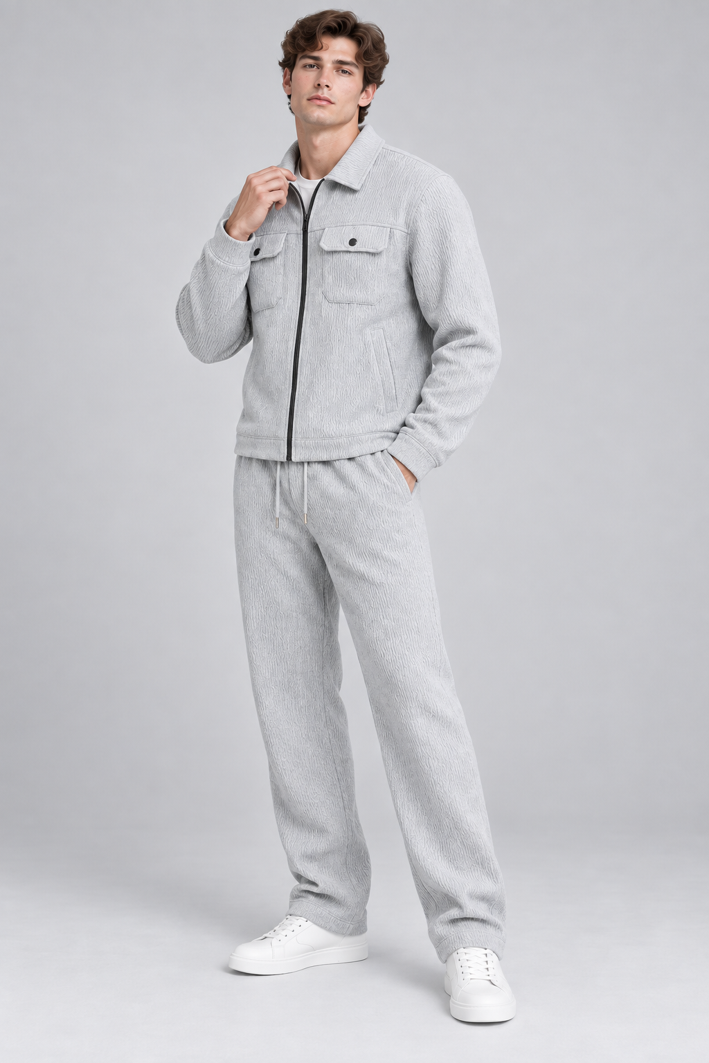 Ensemble homme gris texturé veste zippée et pantalon
