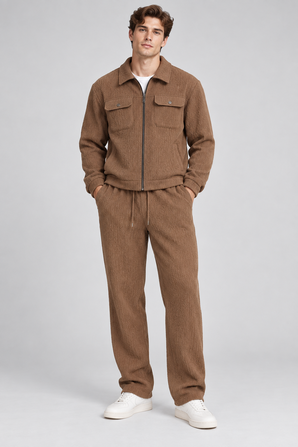 Ensemble homme marrron texturé veste zippée et pantalon