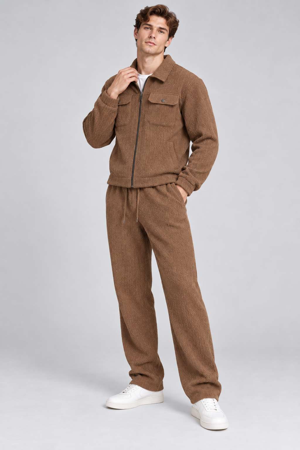 Ensemble homme marrron texturé veste zippée et pantalon