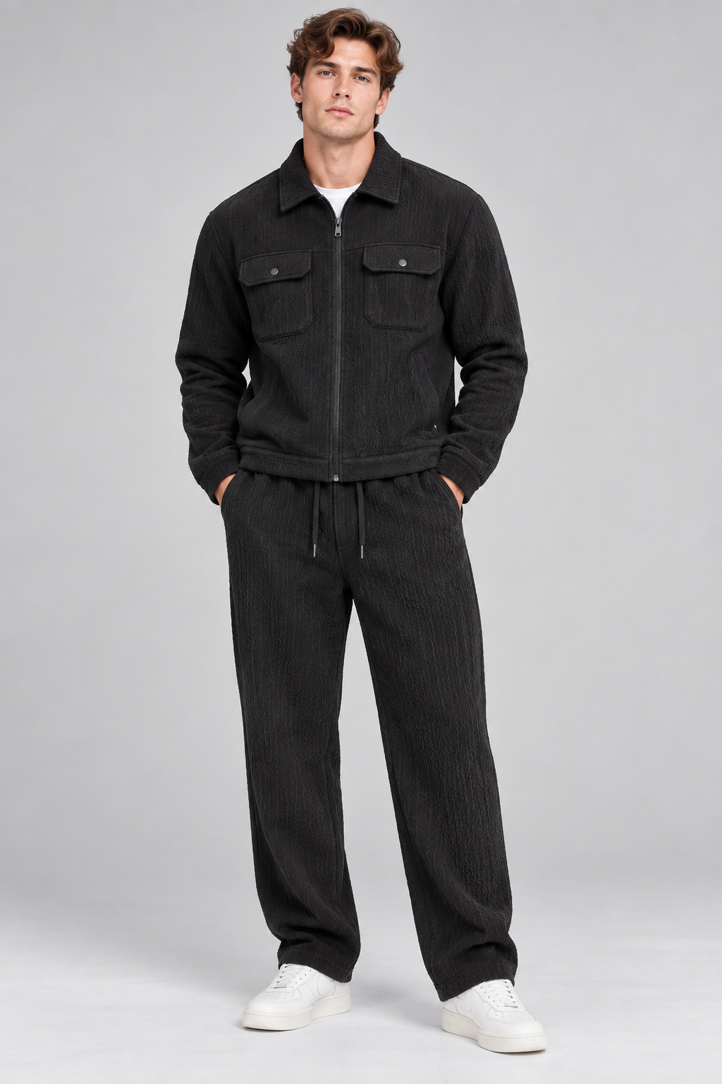 Ensemble homme noir texturé veste zippée et pantalon