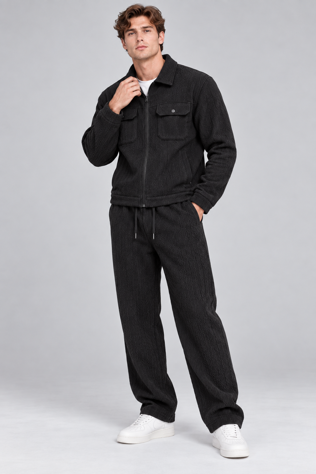 Ensemble homme noir texturé veste zippée et pantalon