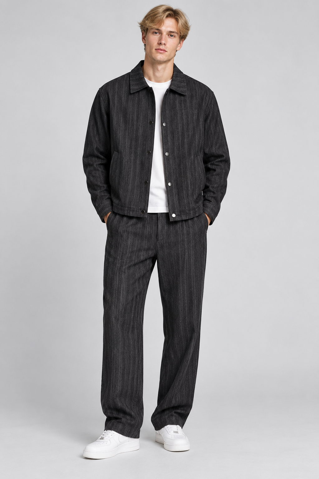 Ensemble Homme Noir Texturé Veste Boutonnée et Pantalon Large
