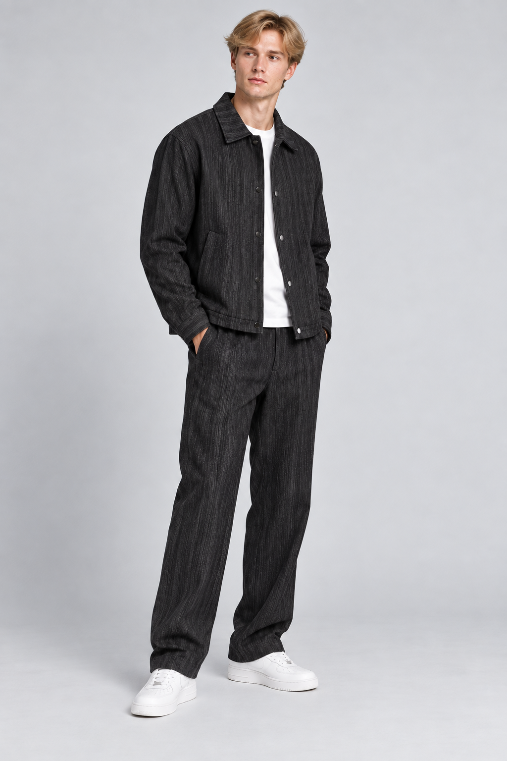 Ensemble Homme Noir Texturé Veste Boutonnée et Pantalon Large