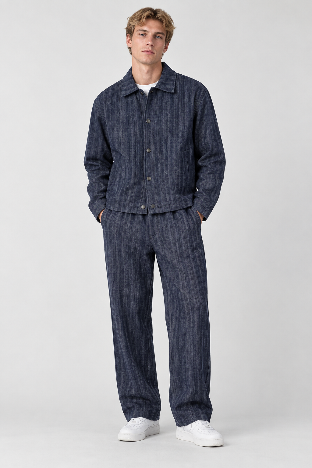 Ensemble Homme bleu Texturé Veste Boutonnée et Pantalon Large