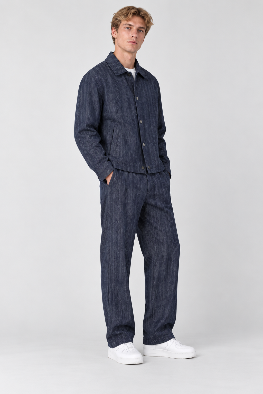 Ensemble Homme bleu Texturé Veste Boutonnée et Pantalon Large