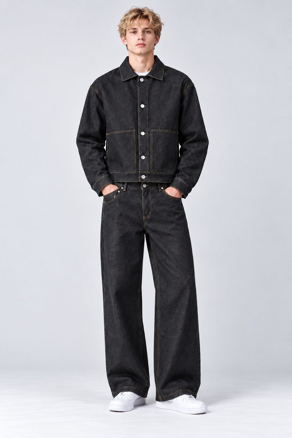 Ensemble Homme Noir Veste à Boutons et Pantalon Large