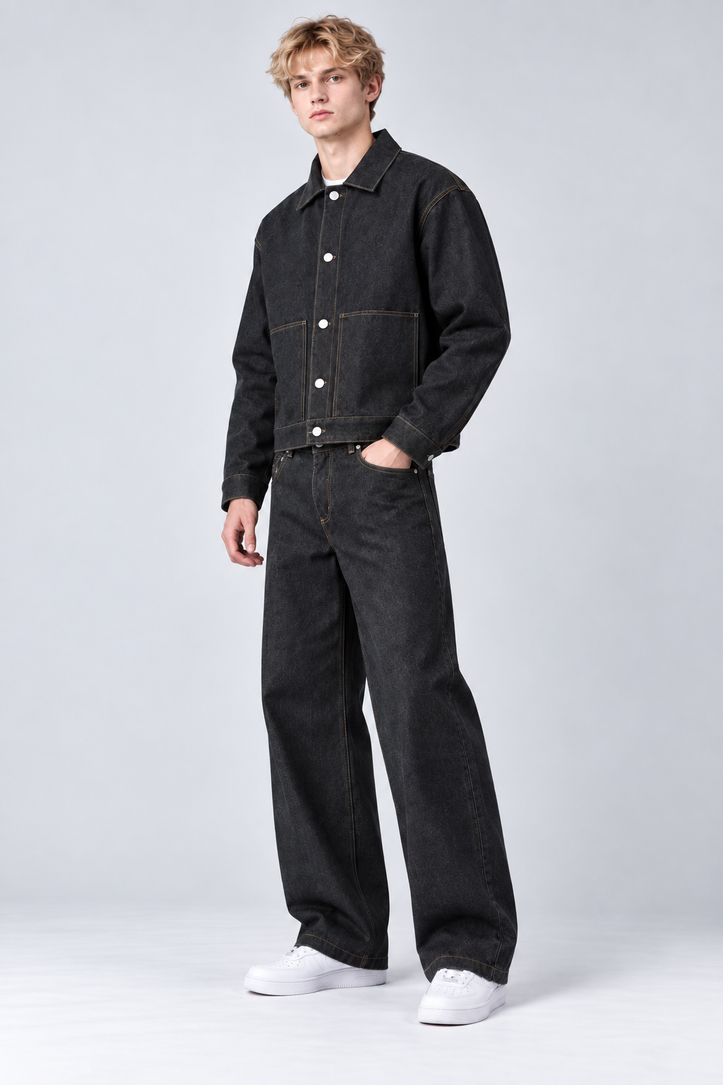 Ensemble Homme Noir Veste à Boutons et Pantalon Large