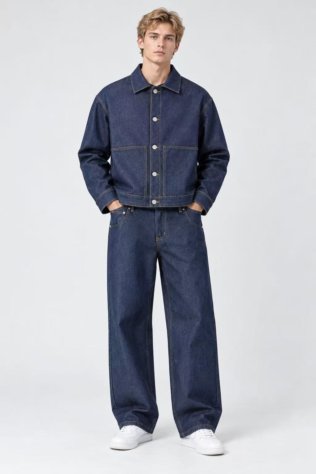 Ensemble Homme bleu Veste à Boutons et Pantalon Large