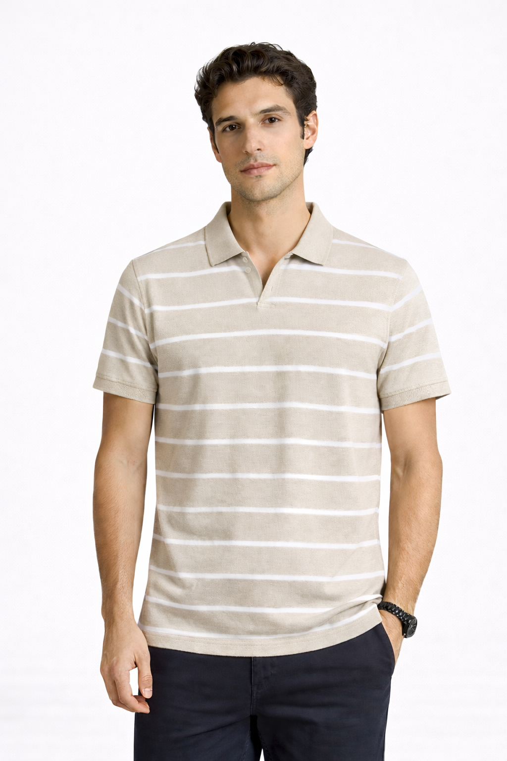 Polo Homme Beige à Rayures Blanches