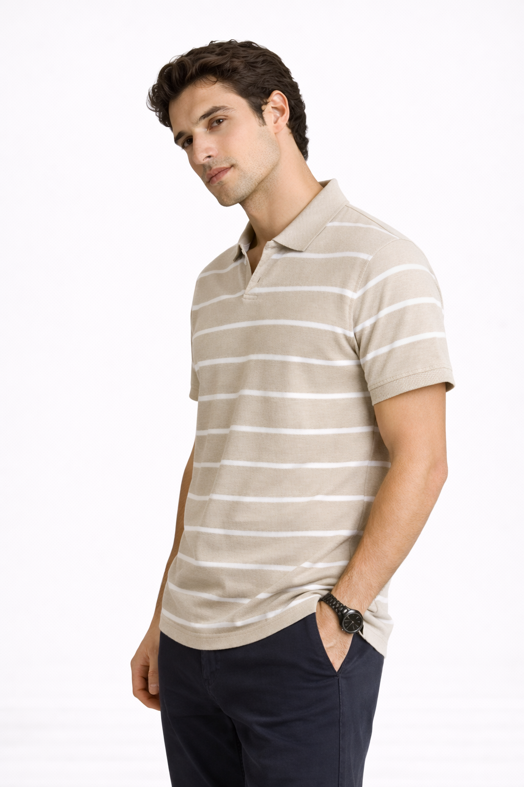 Polo Homme Beige à Rayures Blanches