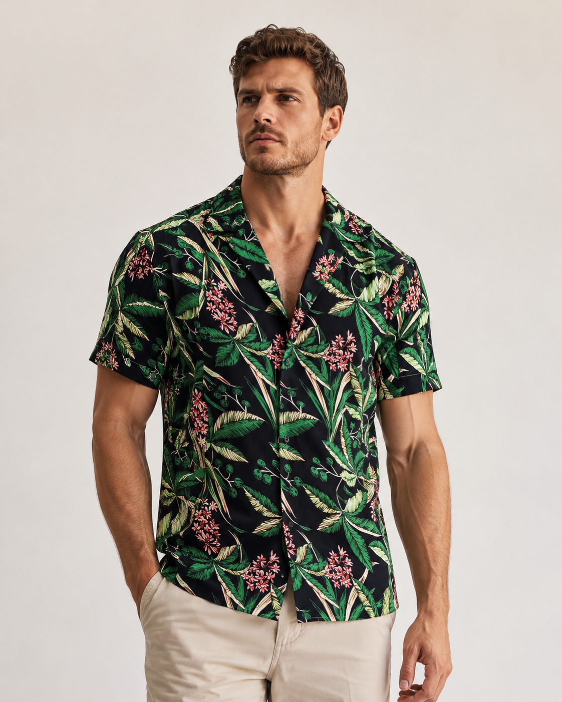 Chemise homme manches courtes imprimé tropical vert