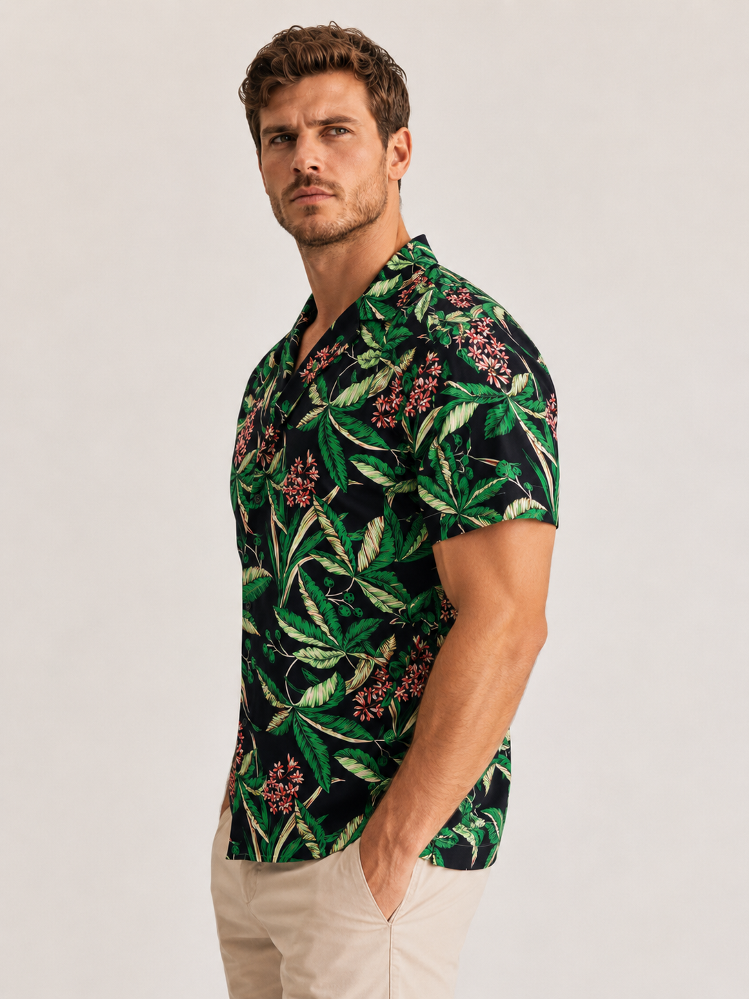 Chemise homme manches courtes imprimé tropical vert