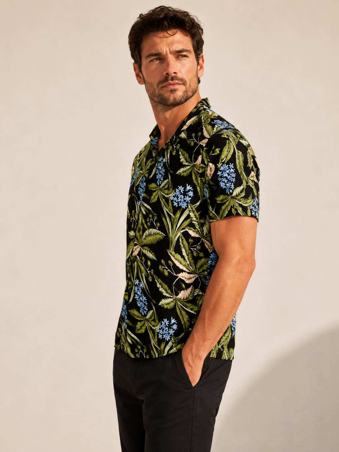 Chemise homme manches courtes imprimé tropical vert olive