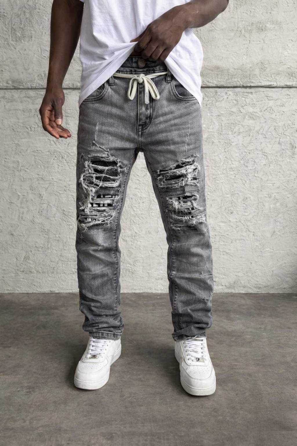 Jean homme slim destroy à cordon – Gris délavé