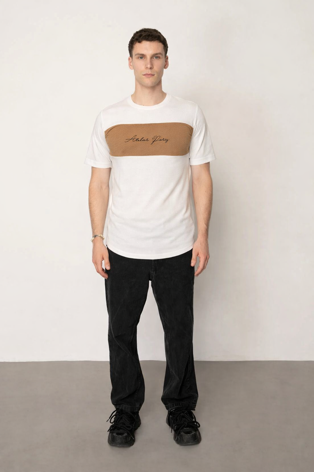 T-shirt col rond bande coloré blanc-beige fashion homme