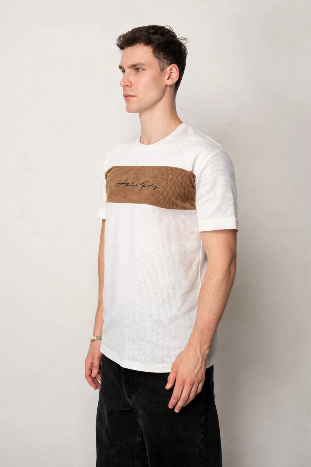 T-shirt col rond bande coloré blanc-beige fashion homme